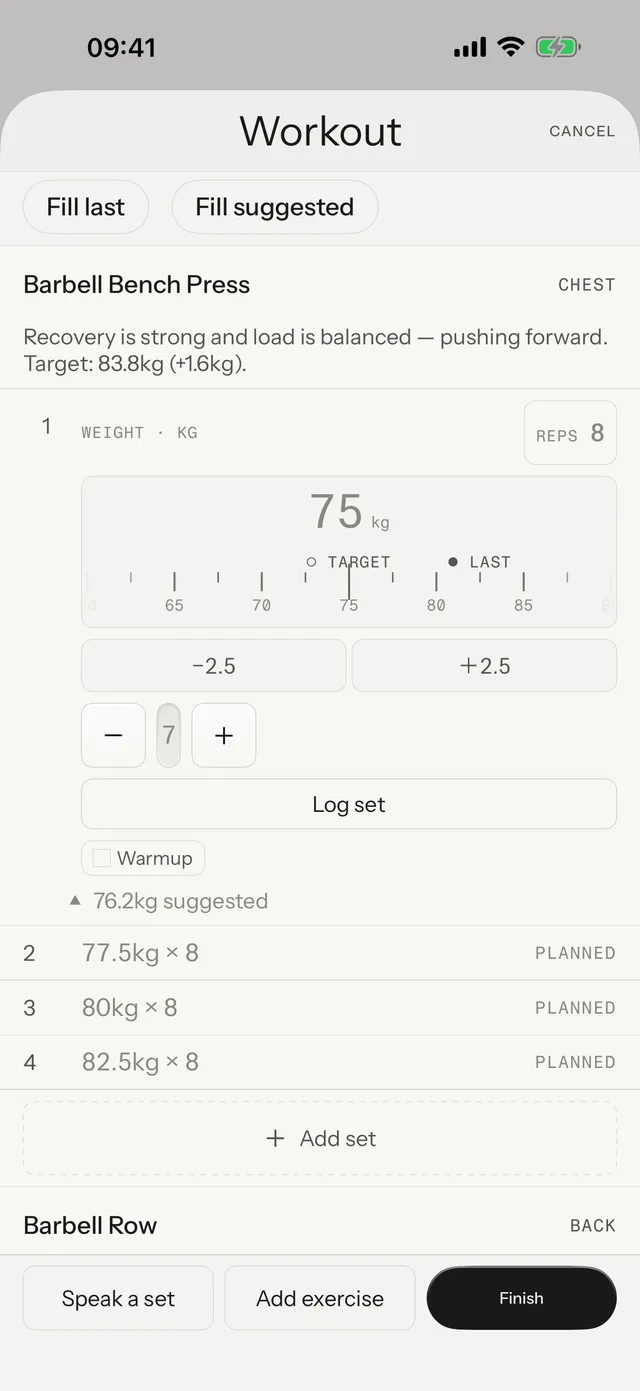 Tuwa active workout: live set logging