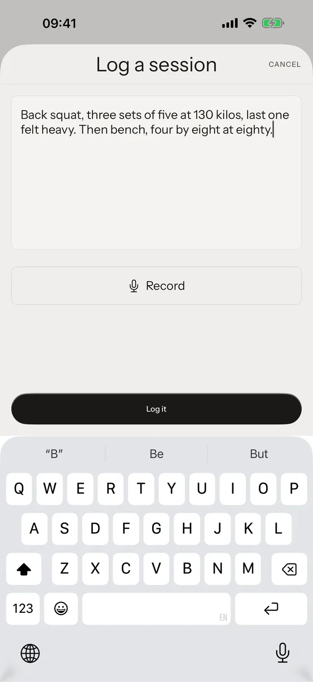Tuwa log capture: a spoken session written out as a sentence, ready to parse