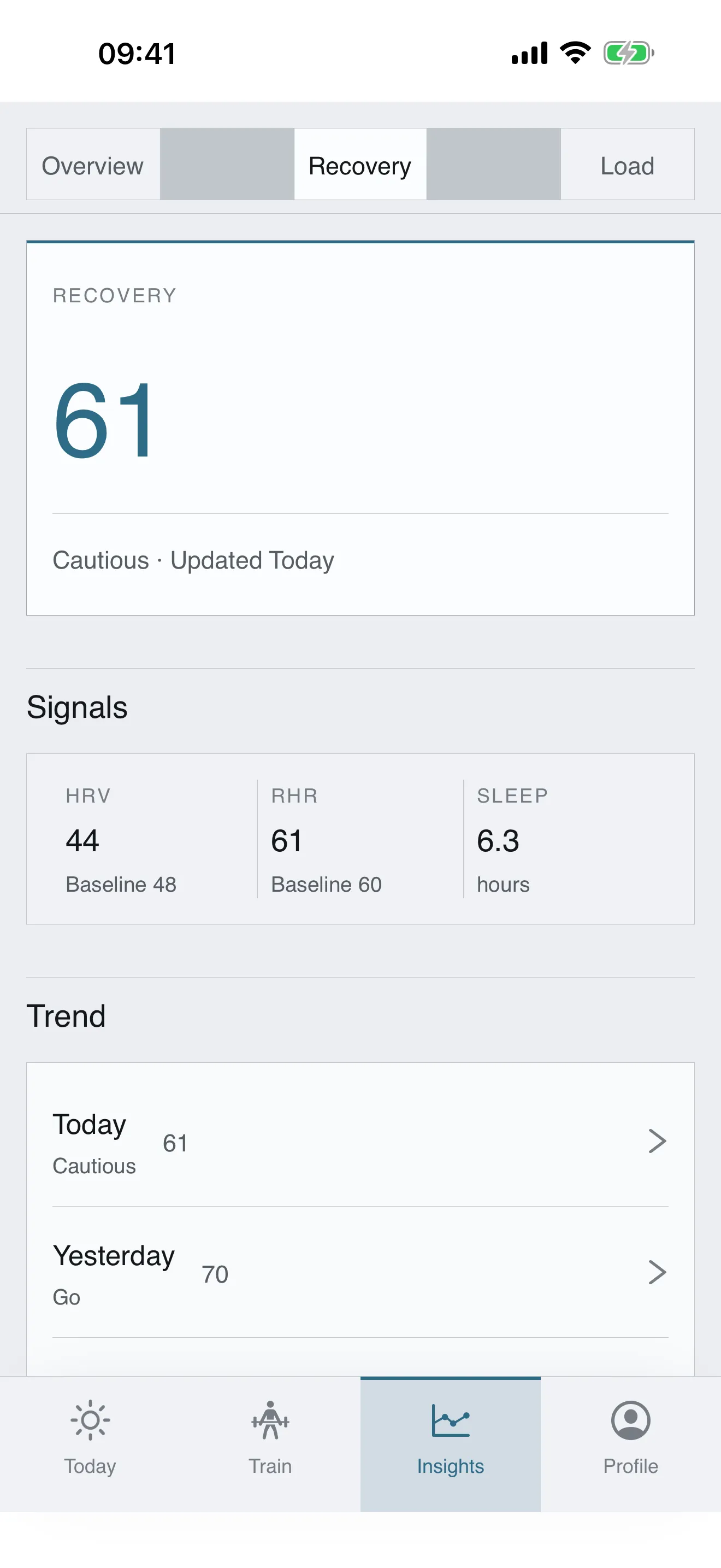Tuwa app Insights recovery screen showing recovery score, HRV, resting heart rate, sleep, and recovery trend rows
